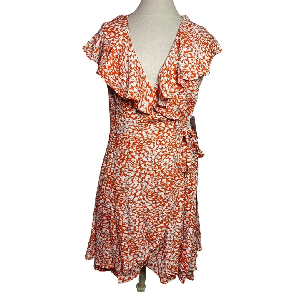 Free People French Quarter Orange Abstract Ruffle Wrap Mini Dress Medium NWT